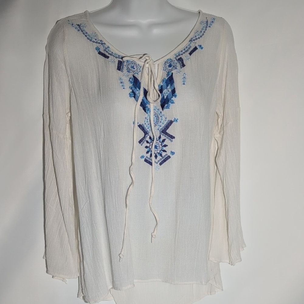 Angie White Tunic with Blue Embroidery